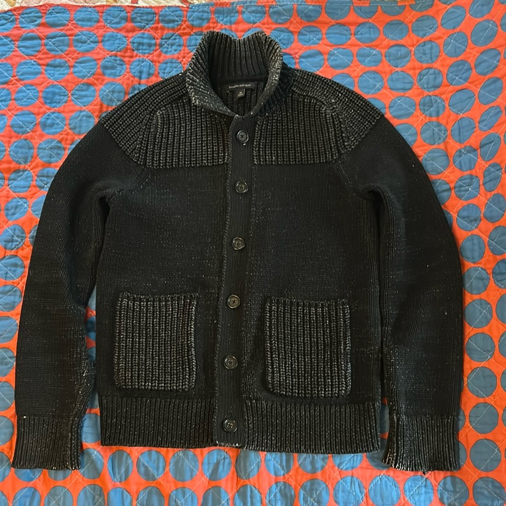 Banana Republic men’s speckled black cardigan sweater chore coat pockets medium